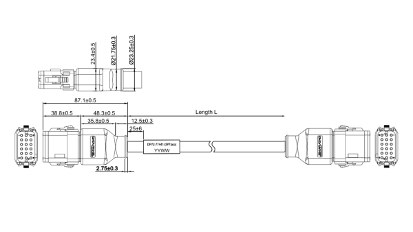 Beidseitig umspritzte Verbindungsleitung xDB Passiv 0° - 0° - PVC 16x0.75 + 2x1.5 mm² - 30 m